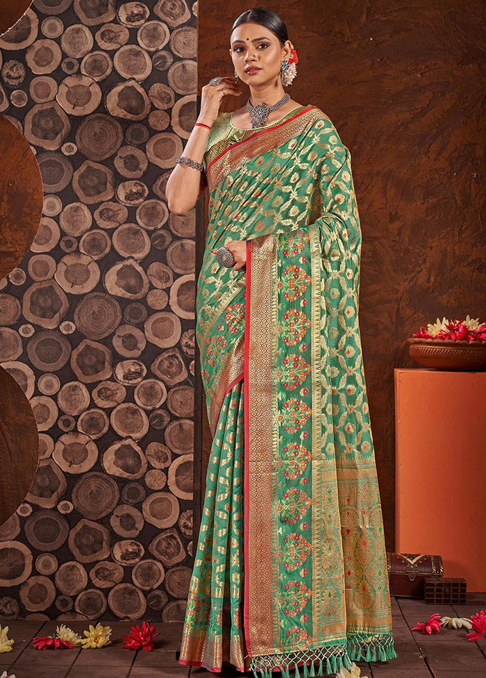 Sea Green Spun Silk Saree With Blouse Piece