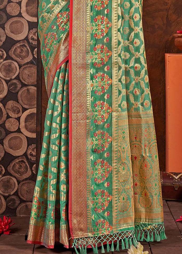 Sea Green Organza Saree With Blouse Piece