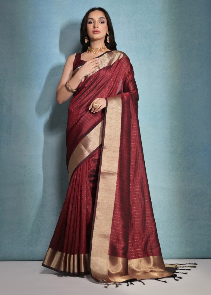 Maroon Dupion Silk Saree With Blouse Piece