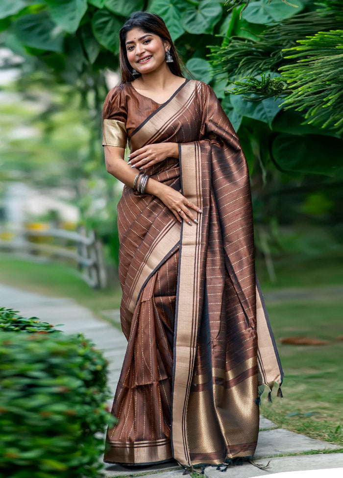 Coffee Dupion Silk Saree With Blouse Piece