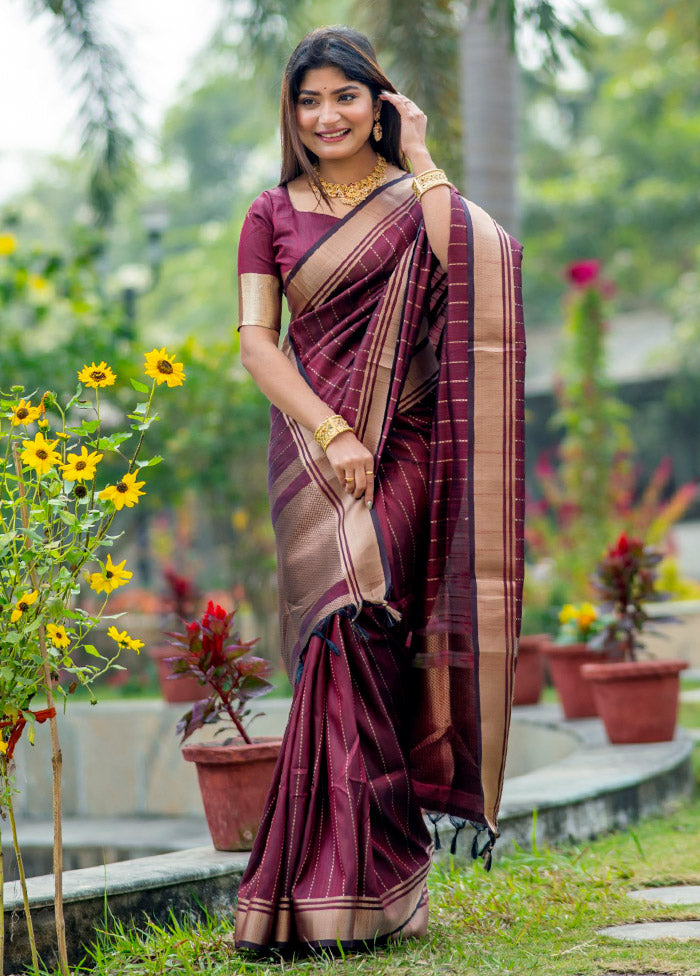 Maroon Dupion Silk Saree With Blouse Piece