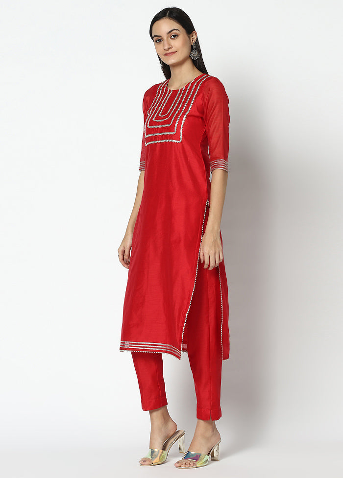 3 Pc Red Pure Readymade Chanderi Suit Set