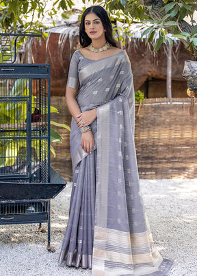 Grey Cotton Saree With Blouse Piece