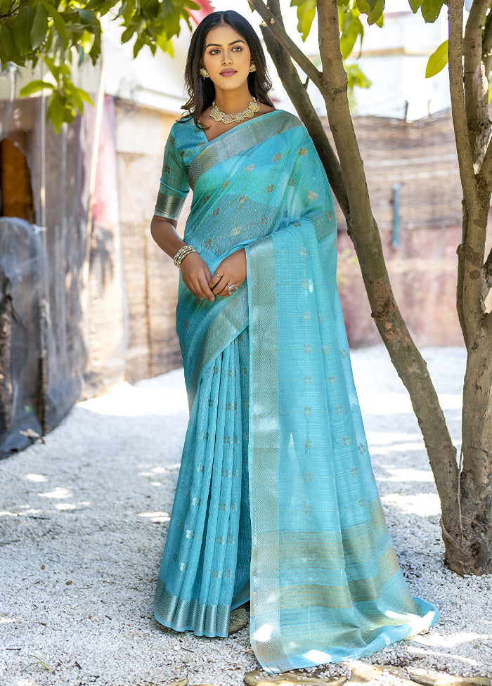 Sea Green Cotton Saree With Blouse Piece