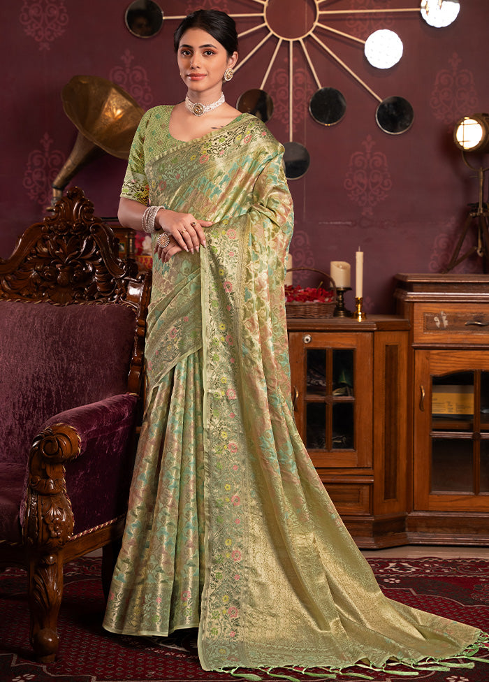 Pista Green Spun Silk Saree With Blouse Piece