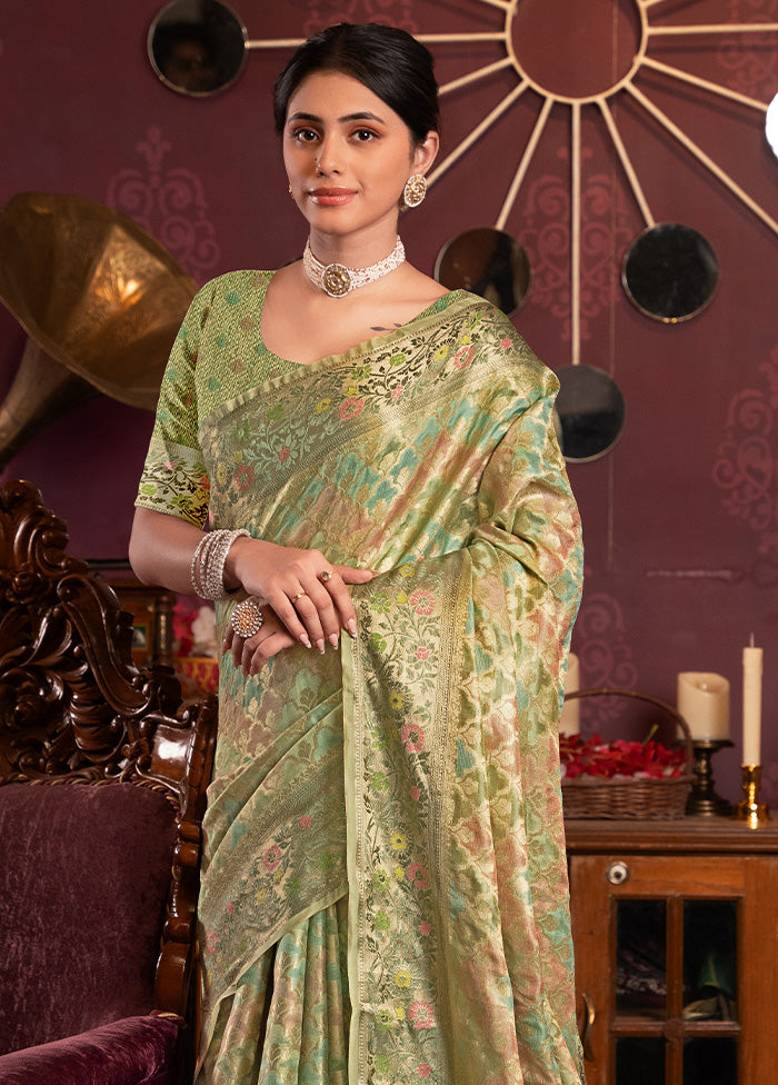 Pista Green Spun Silk Saree With Blouse Piece