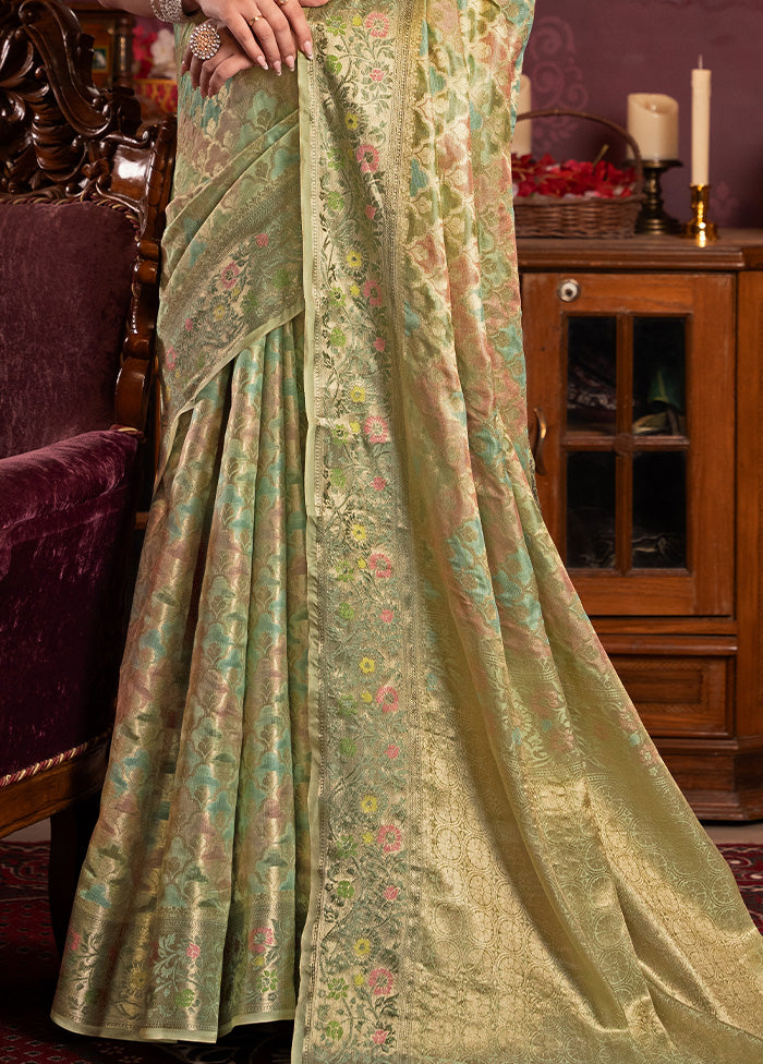 Pista Green Spun Silk Saree With Blouse Piece