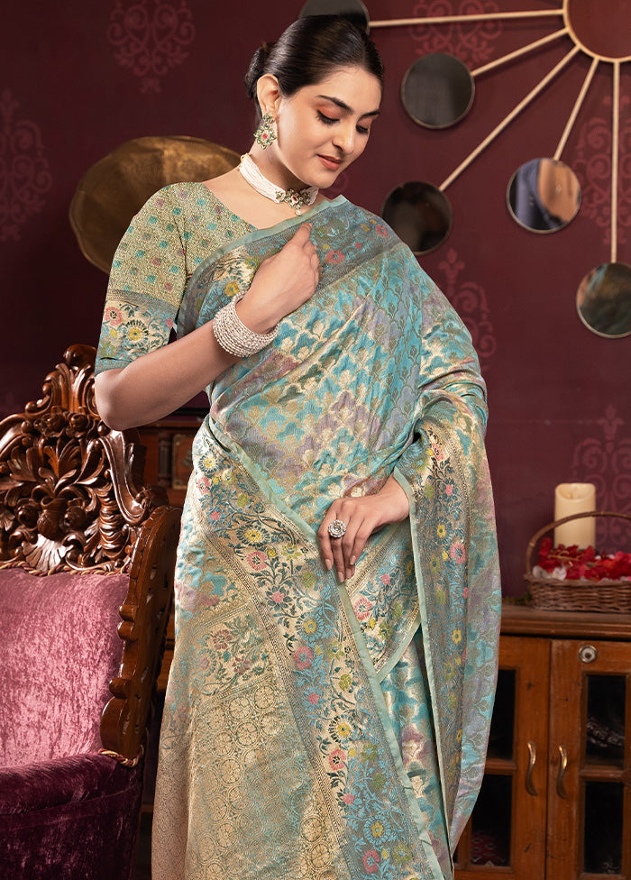 Sky Blue Spun Silk Saree With Blouse Piece