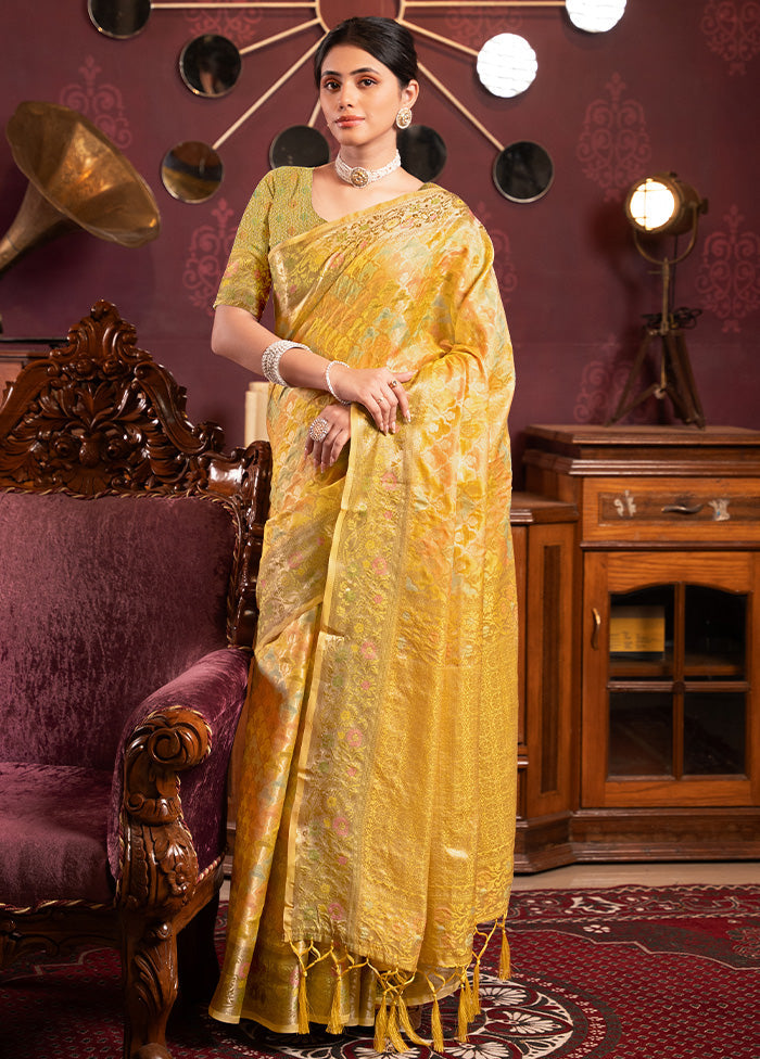 Yellow Spun Silk Saree With Blouse Piece