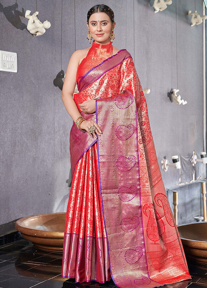 Red Dupion Silk Saree With Blouse Piece - Indian Silk House Agencies