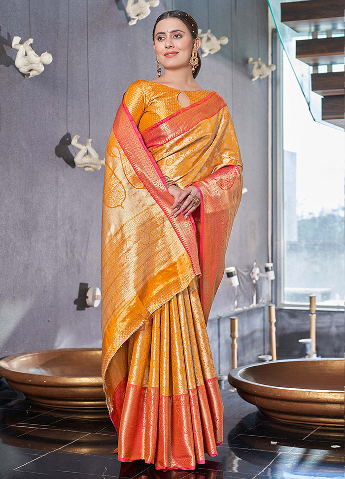 Yellow Dupion Silk Saree With Blouse Piece - Indian Silk House Agencies