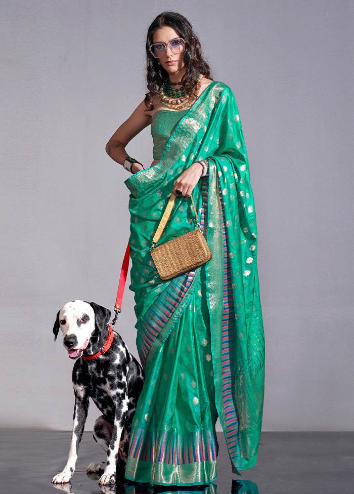 Rama Green Spun Silk Saree With Blouse Piece