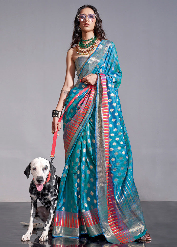 Blue Spun Silk Saree With Blouse Piece