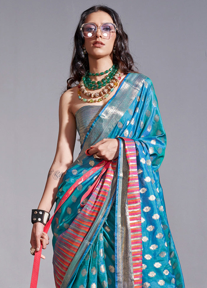 Blue Spun Silk Saree With Blouse Piece