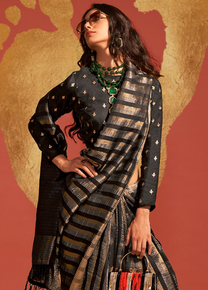 Black Spun Silk Saree With Blouse Piece