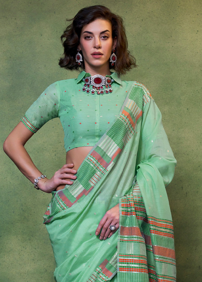 Mint Green Cotton Saree With Blouse Piece