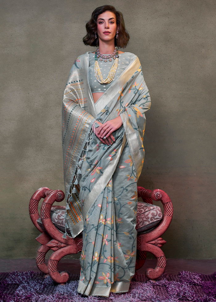 Grey Cotton Saree With Blouse Piece