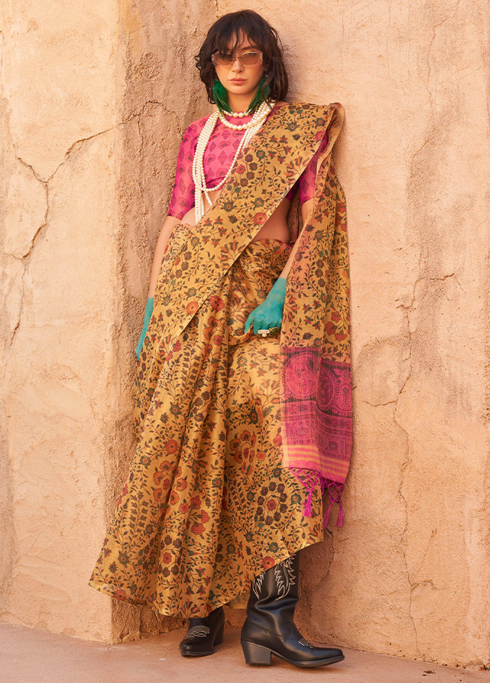 Mustard Spun Silk Saree With Blouse Piece