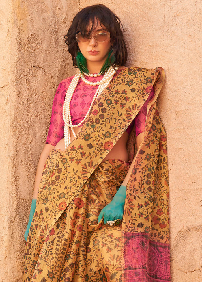 Mustard Spun Silk Saree With Blouse Piece