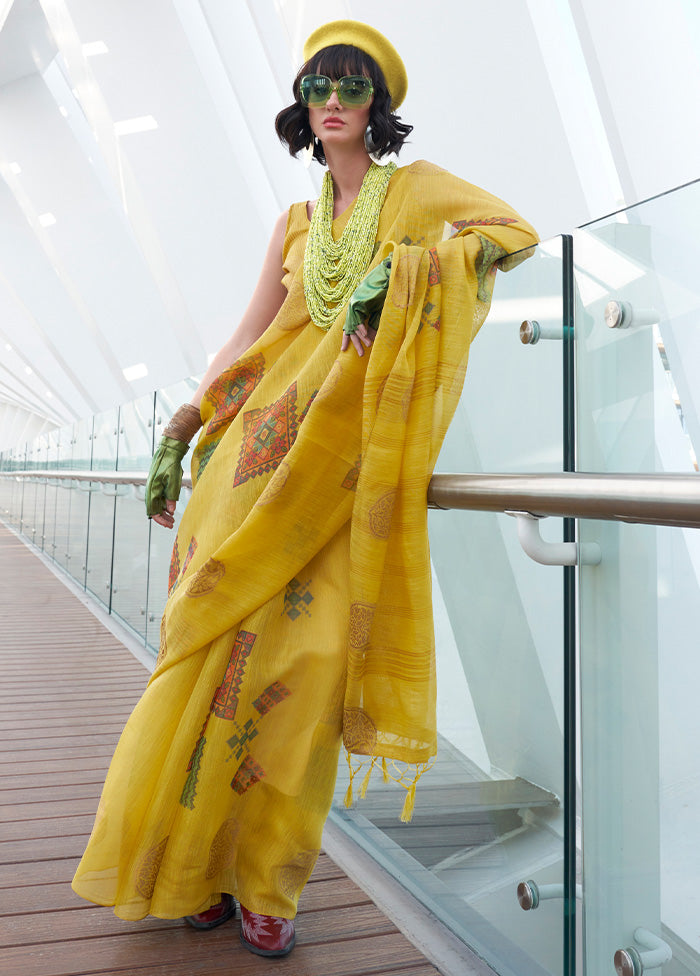 Yellow Spun Silk Saree With Blouse Piece