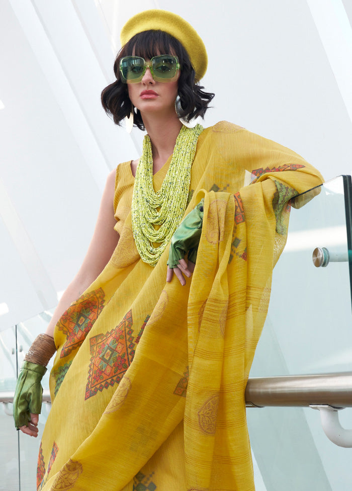 Yellow Spun Silk Saree With Blouse Piece