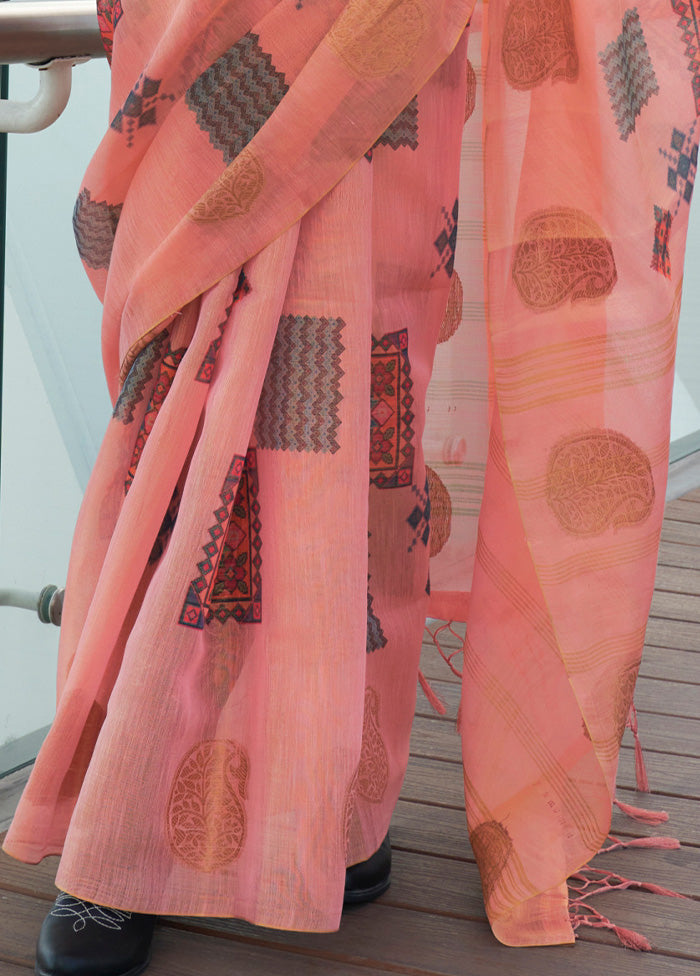 Peach Spun Silk Saree With Blouse Piece