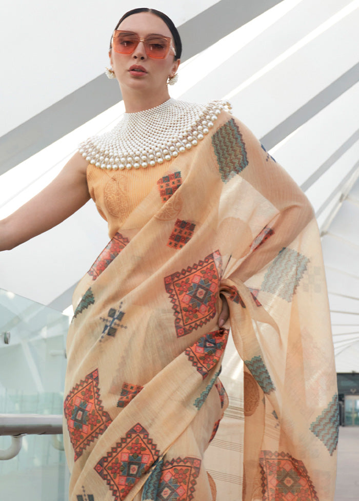 Light Peach Spun Silk Saree With Blouse Piece