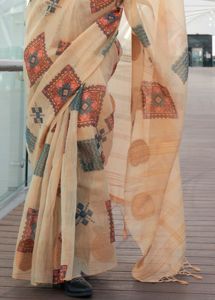 Light Peach Spun Silk Saree With Blouse Piece