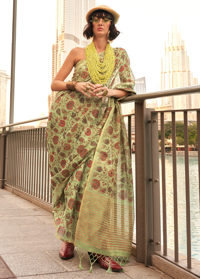 Pista Green Spun Silk Saree With Blouse Piece