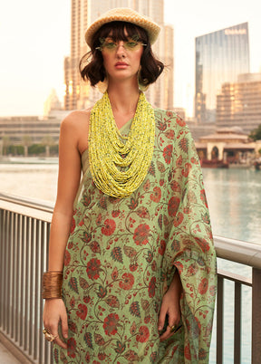 Pista Green Spun Silk Saree With Blouse Piece