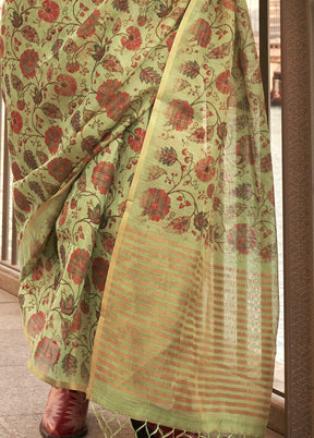 Pista Green Spun Silk Saree With Blouse Piece