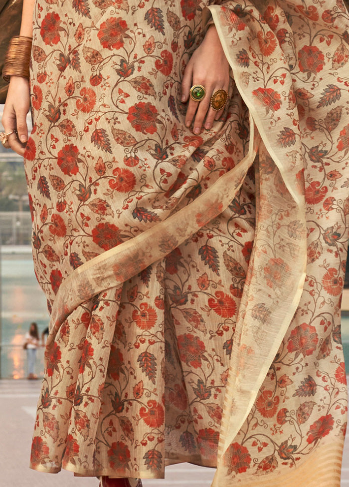 Cream Spun Silk Saree With Blouse Piece