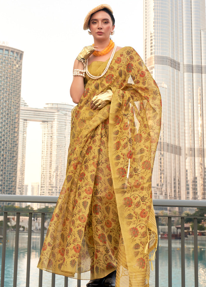 Yellow Spun Silk Saree With Blouse Piece