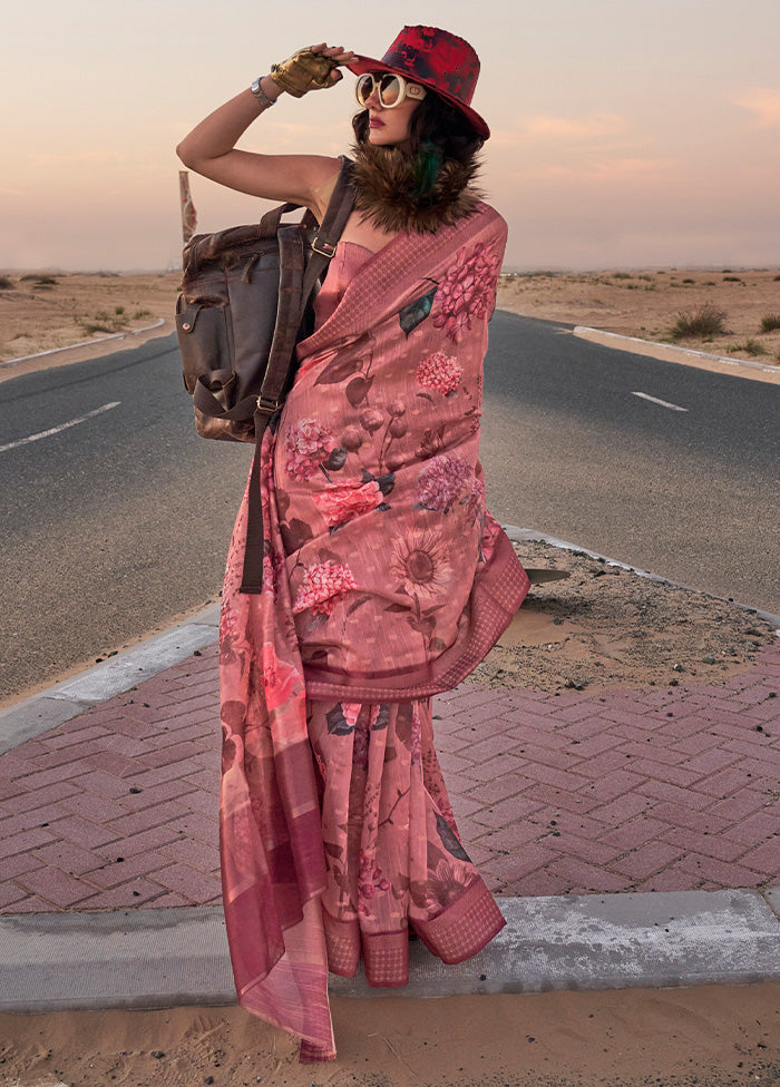 Peach Linen Silk Saree With Blouse Piece