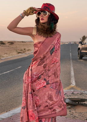 Peach Linen Silk Saree With Blouse Piece