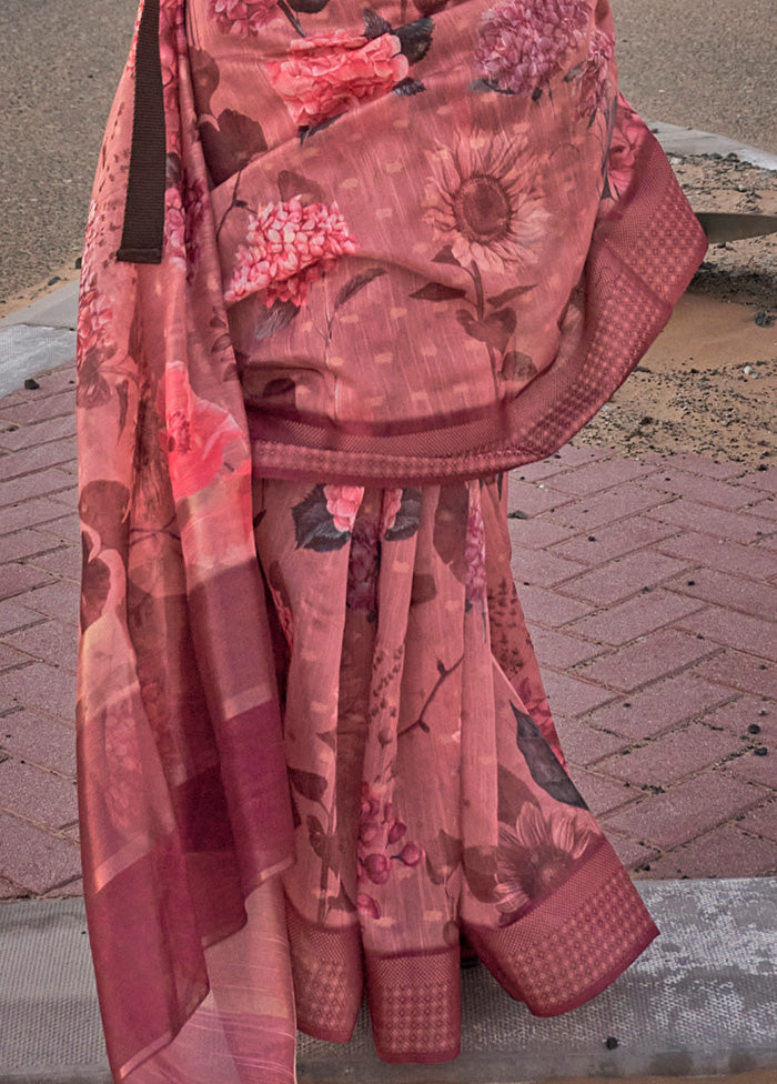 Peach Linen Silk Saree With Blouse Piece