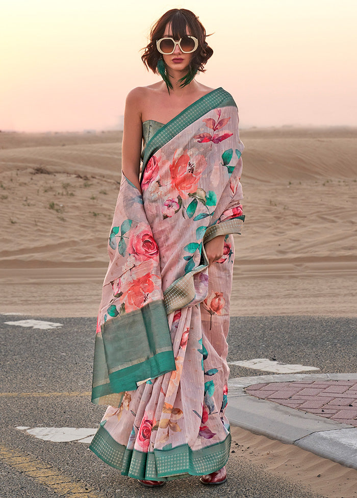 Pink Linen Silk Saree With Blouse Piece