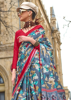 Multicolor Satin Silk Saree With Blouse Piece