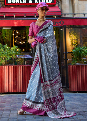 Grey Satin Silk Saree With Blouse Piece