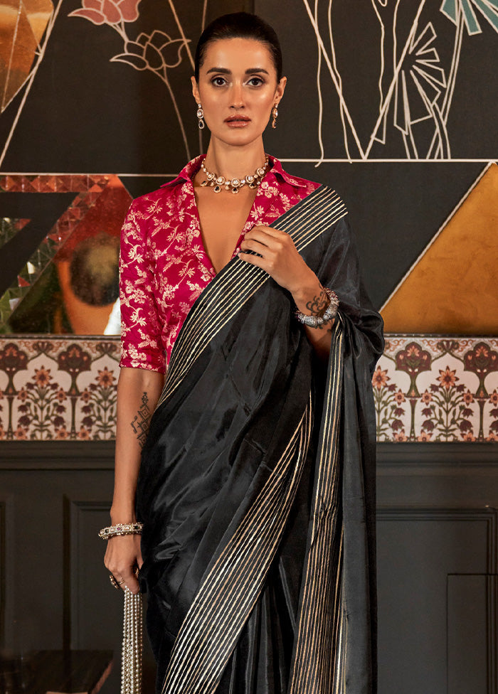 Black Spun Silk Saree With Blouse Piece