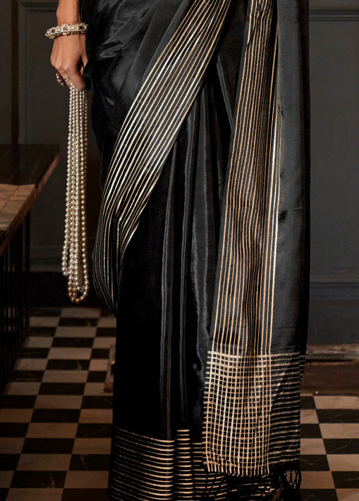 Black Spun Silk Saree With Blouse Piece