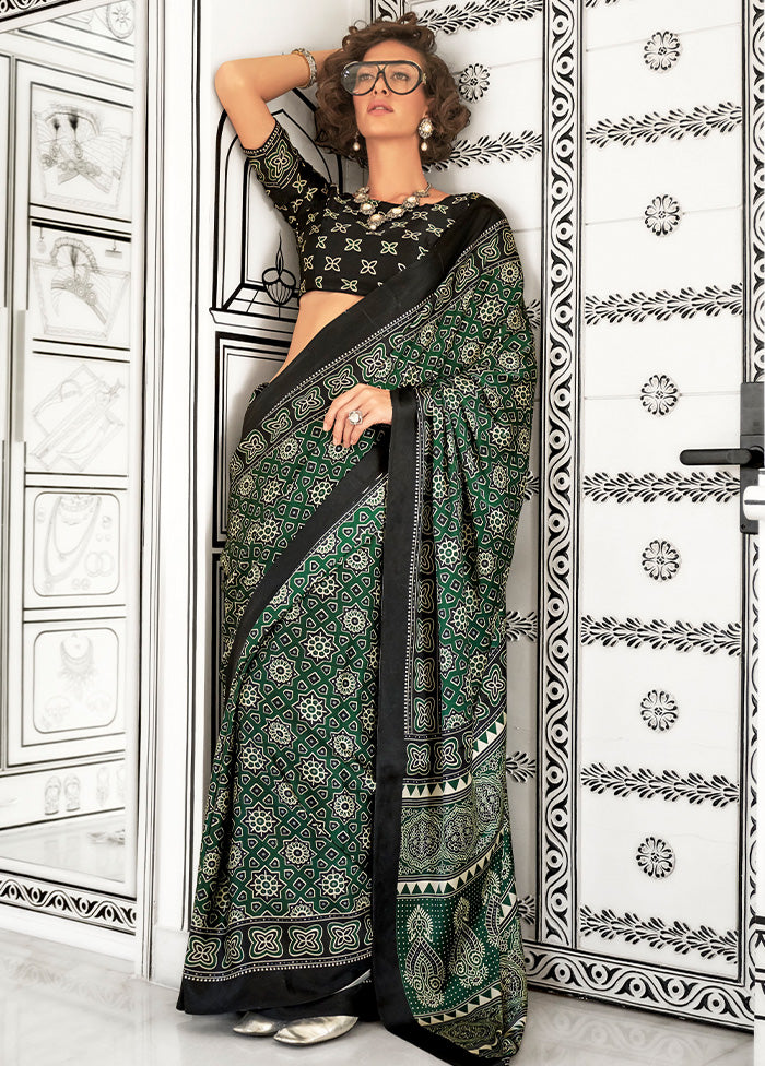 Green Satin Silk Saree With Blouse Piece