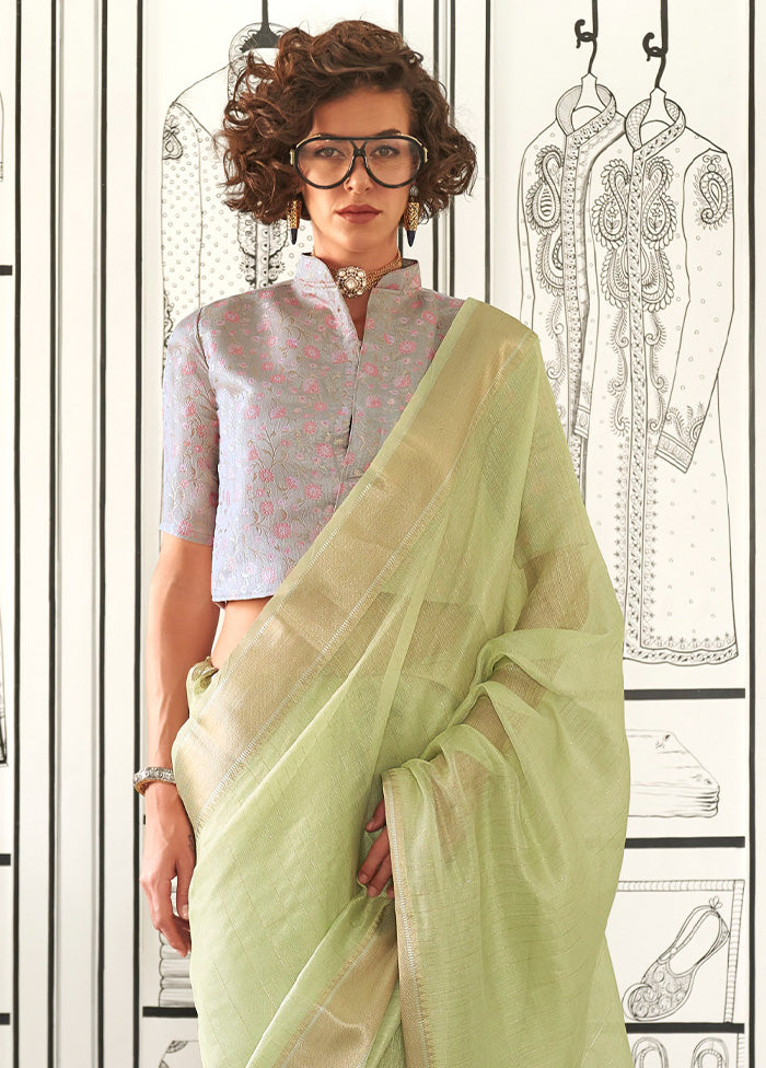 Pista Green Chiffon Silk Saree With Blouse Piece