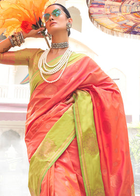 Dark Peach Spun Silk Saree With Blouse Piece