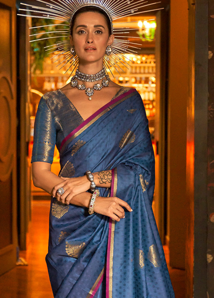 Blue Spun Silk Saree With Blouse Piece