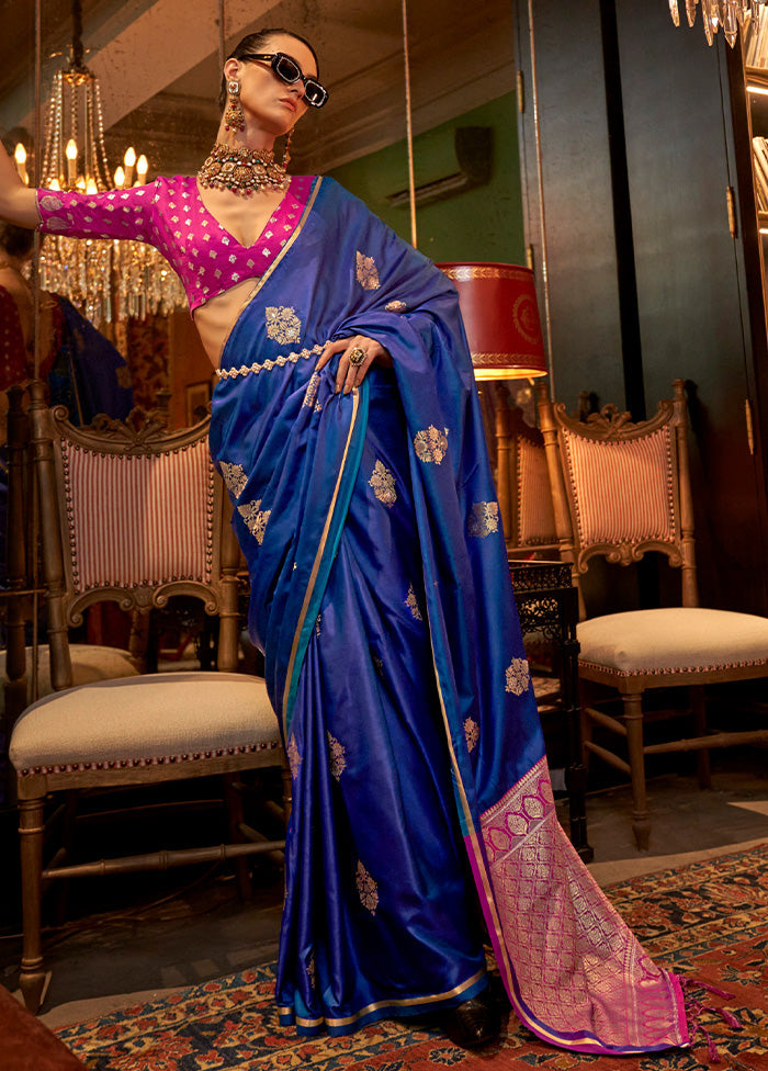 Royal Blue Satin Silk Saree With Blouse Piece