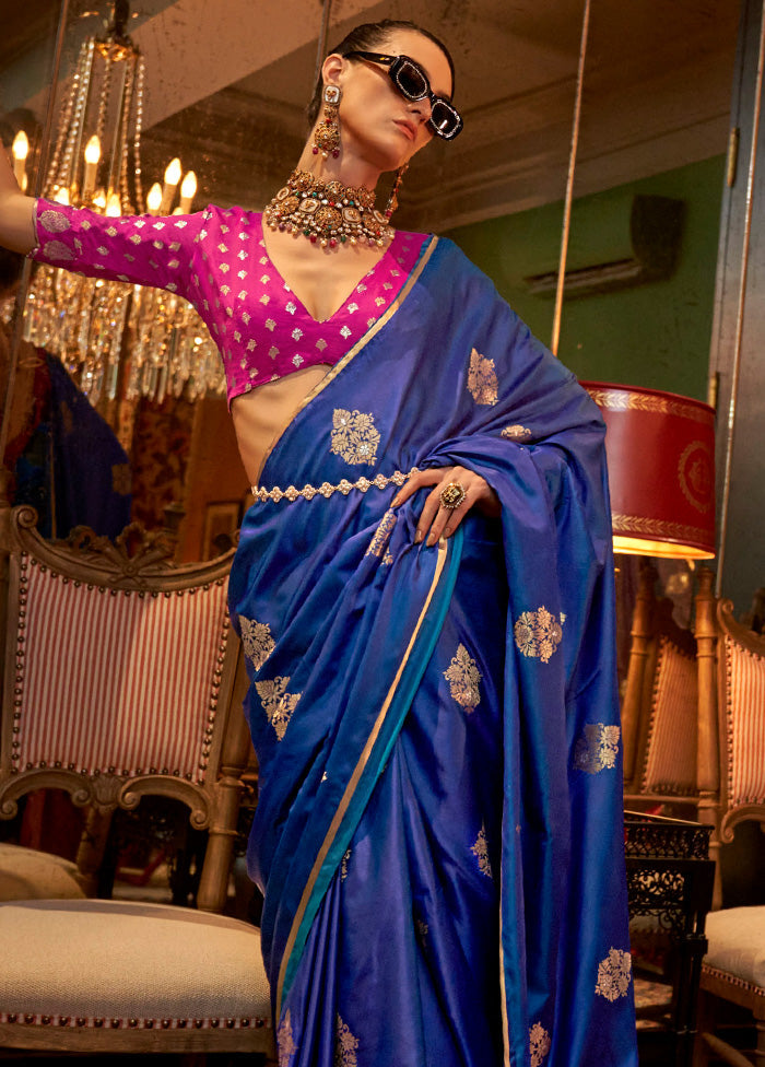 Royal Blue Satin Silk Saree With Blouse Piece