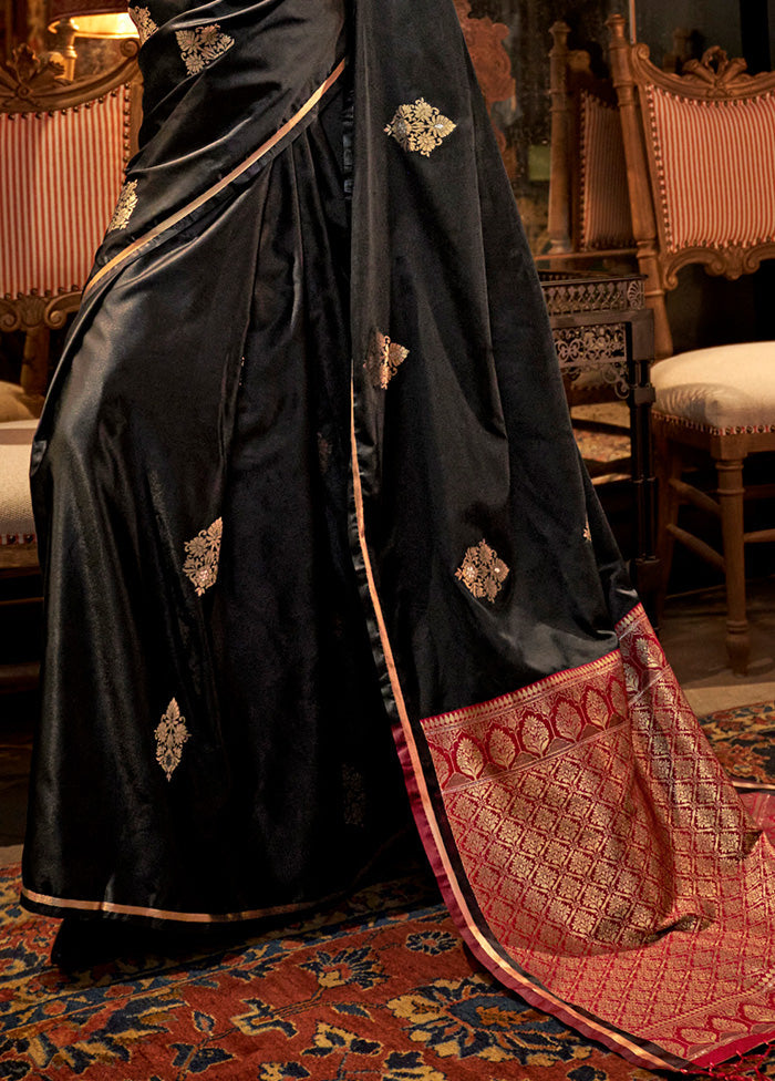 Black Satin Silk Saree With Blouse Piece