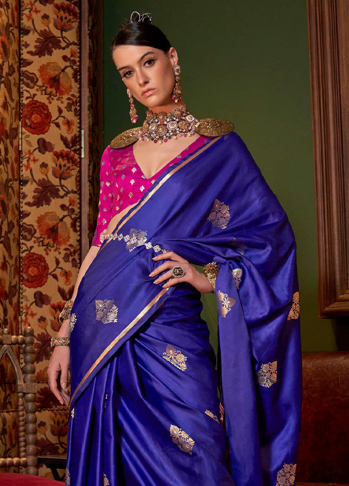 Blue Satin Silk Saree With Blouse Piece