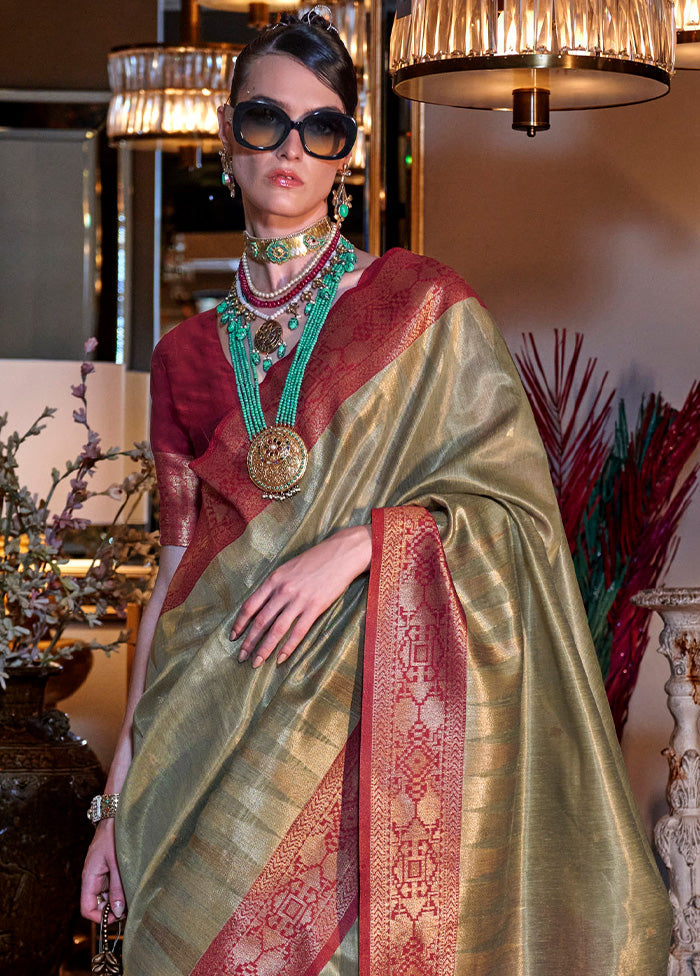 Pista Green Spun Silk Saree With Blouse Piece